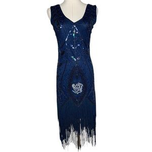 Vintage Y2K Navy Flapper 20s Inspired Fringe Embellished Rhinestone Maxi Dress